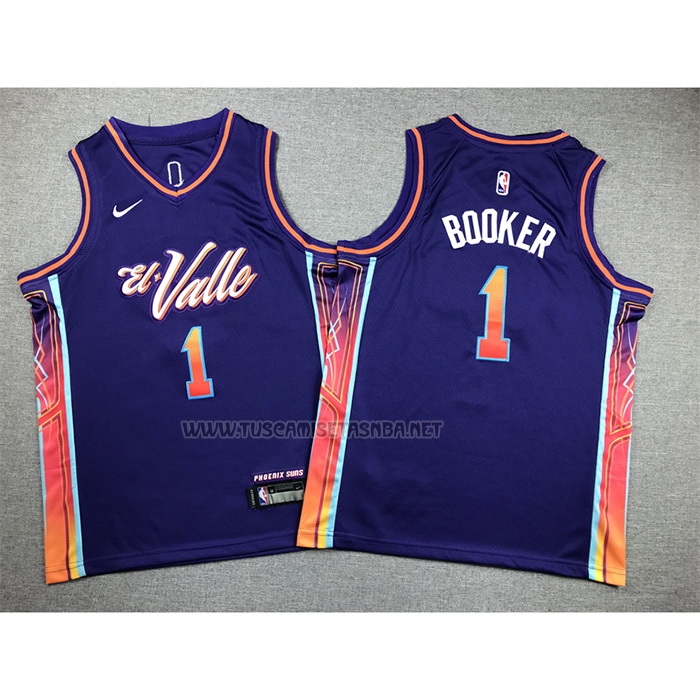 Camiseta Devin Booker NO 1 Nino Phoenix Suns Ciudad 2023-24 Violeta